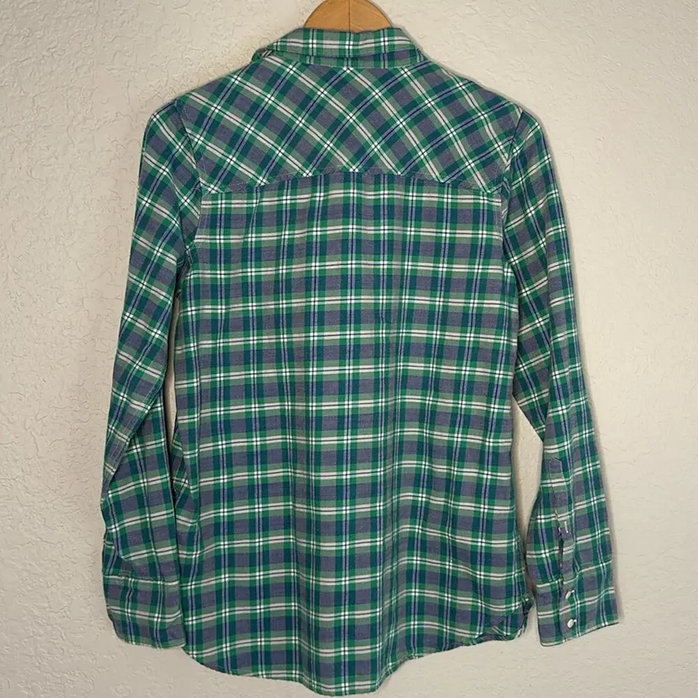 J. Crew Boy Shirt Green Blue Plaid Button Up Front Preppy Casual Western Farm
